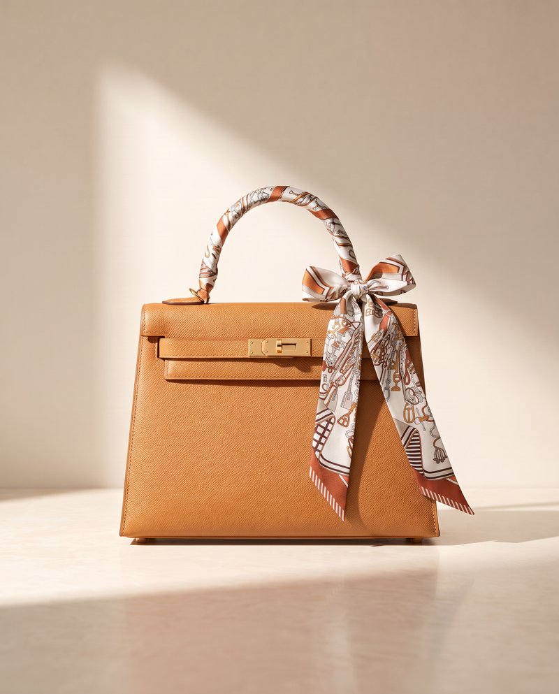 Le Bandeau Cognac noué sur l'anse de La Duchesse camel