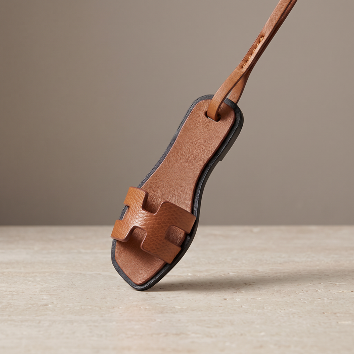 Charm Sandal Cognac — breloque sandale en simili cuir (PU) à clipser sur un sac