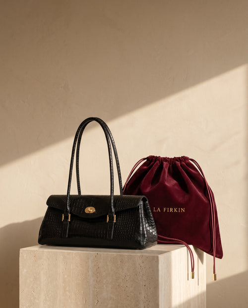 Baguette Croco et sa pochette en velours bordeaux La Firkin