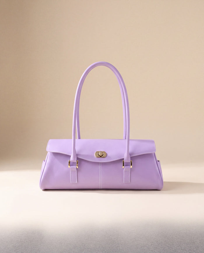 Baguette Firkin Amethyst — sac baguette jelly violet en TPU, fond ivoire