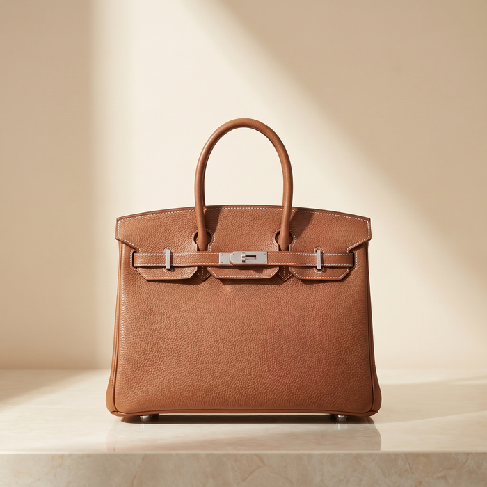 Le Firkin en cuir de vachette pleine fleur, coloris Camel, boucle argentée