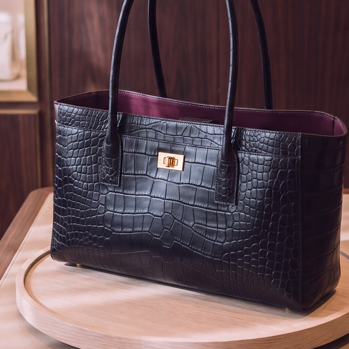 Close-up of the croc-embossed leather and the gold-tone clasp